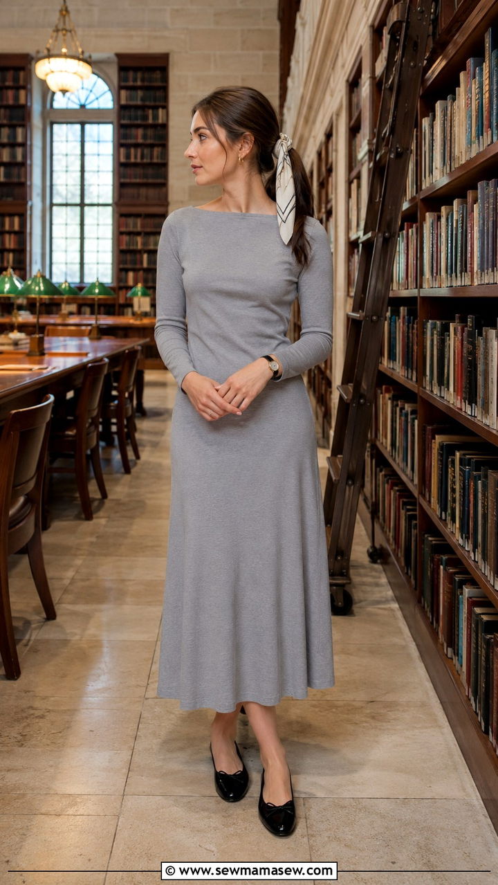 Long Sleeve Midi Dress and Ballet Flats - 30 Modest outfit ideas clean girl