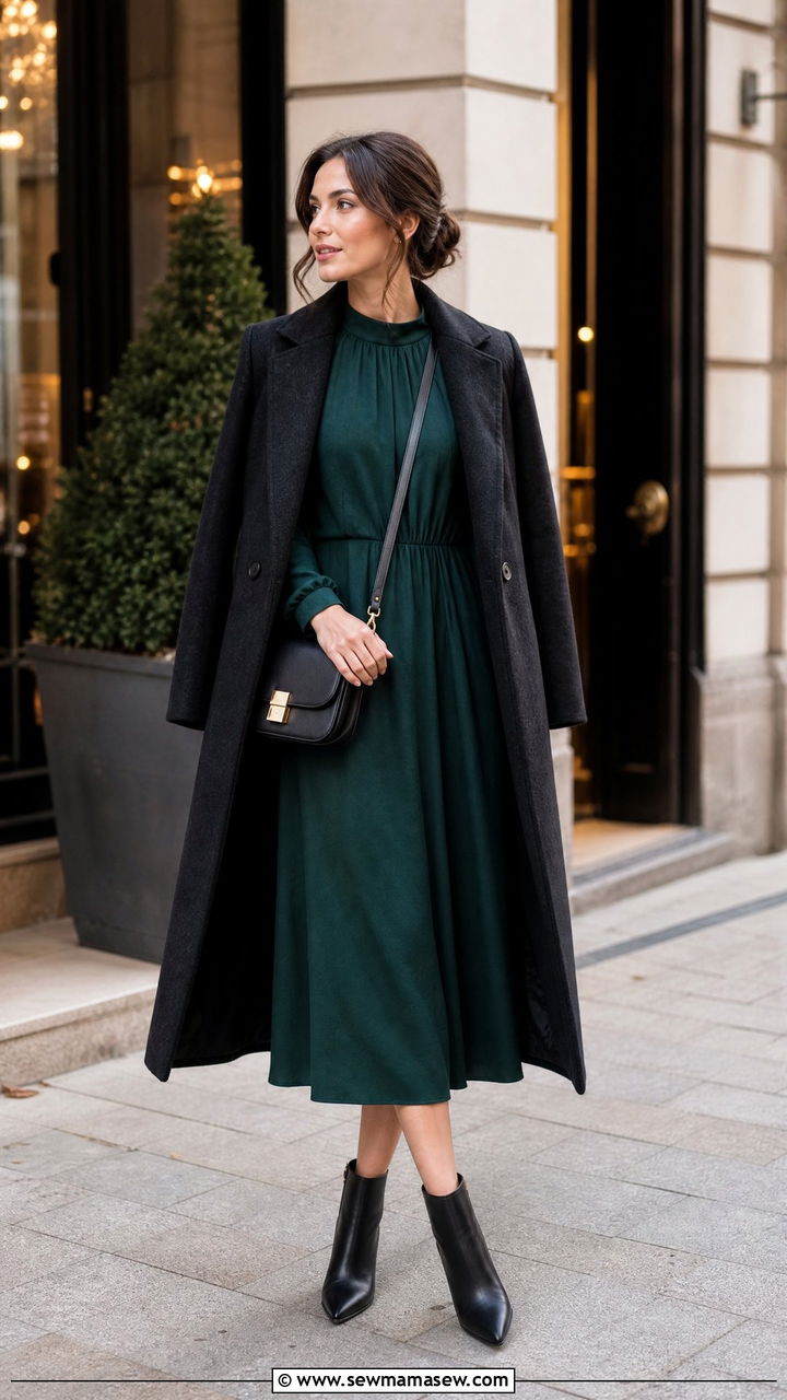 Long Sleeve Midi Dress with Ankle Boots Outfit - 30 modest classy outfits ideas