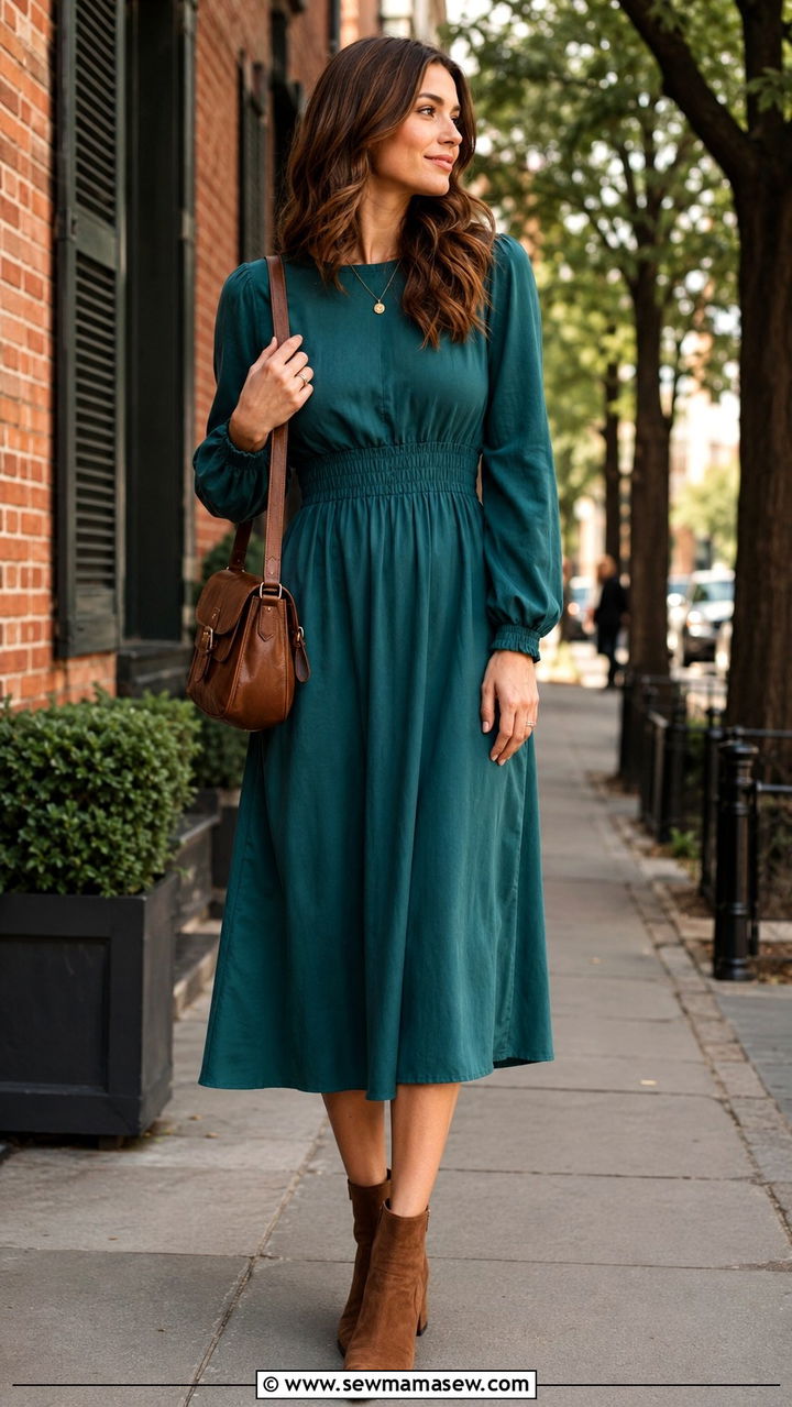 Long Sleeve Midi Dress with Ankle Boots - 30 Modest spring outfits