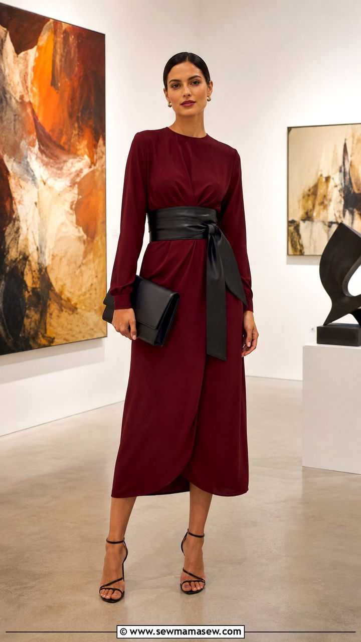 Long Sleeve Midi Dress with Obi Belt and Heeled Sandals - 30 Midi dress outfit ideas with a belt
