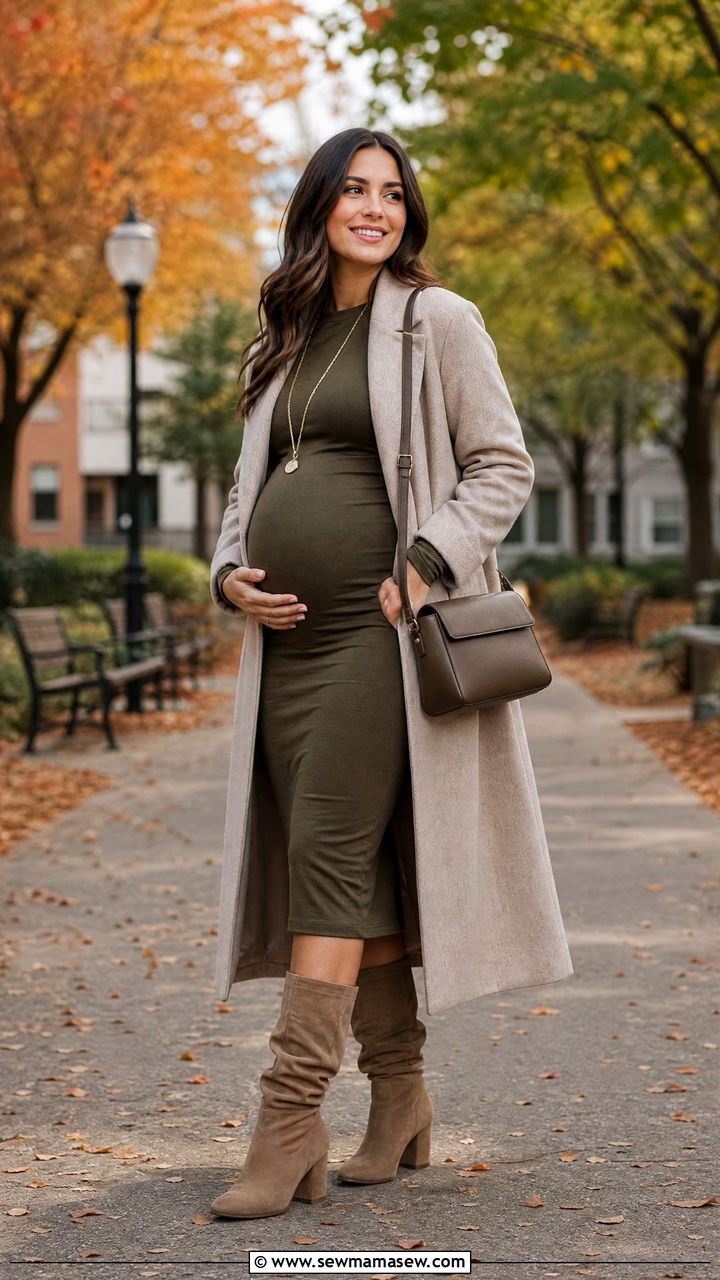 Long Sleeve Midi Dress with Slouchy Boots - 30 Maternity work outfit ideas