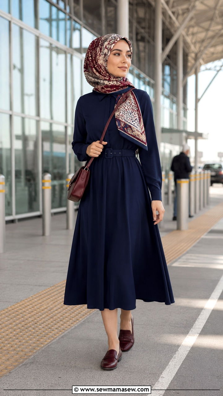 Long Sleeve Midi Dress with Waist Belt and Loafers - 30 Modest outfit ideas for airport