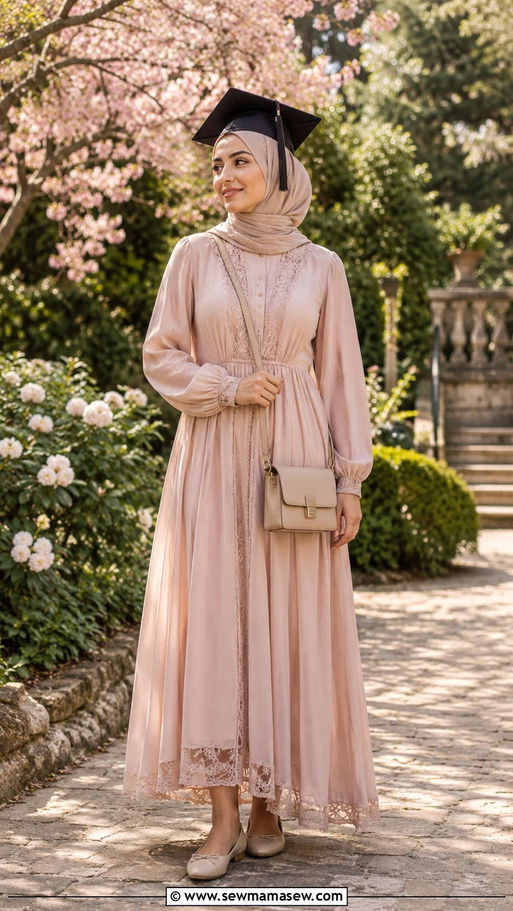 Long Sleeve Modest Maxi Dress with Flats - 30 graduation outfits ideas