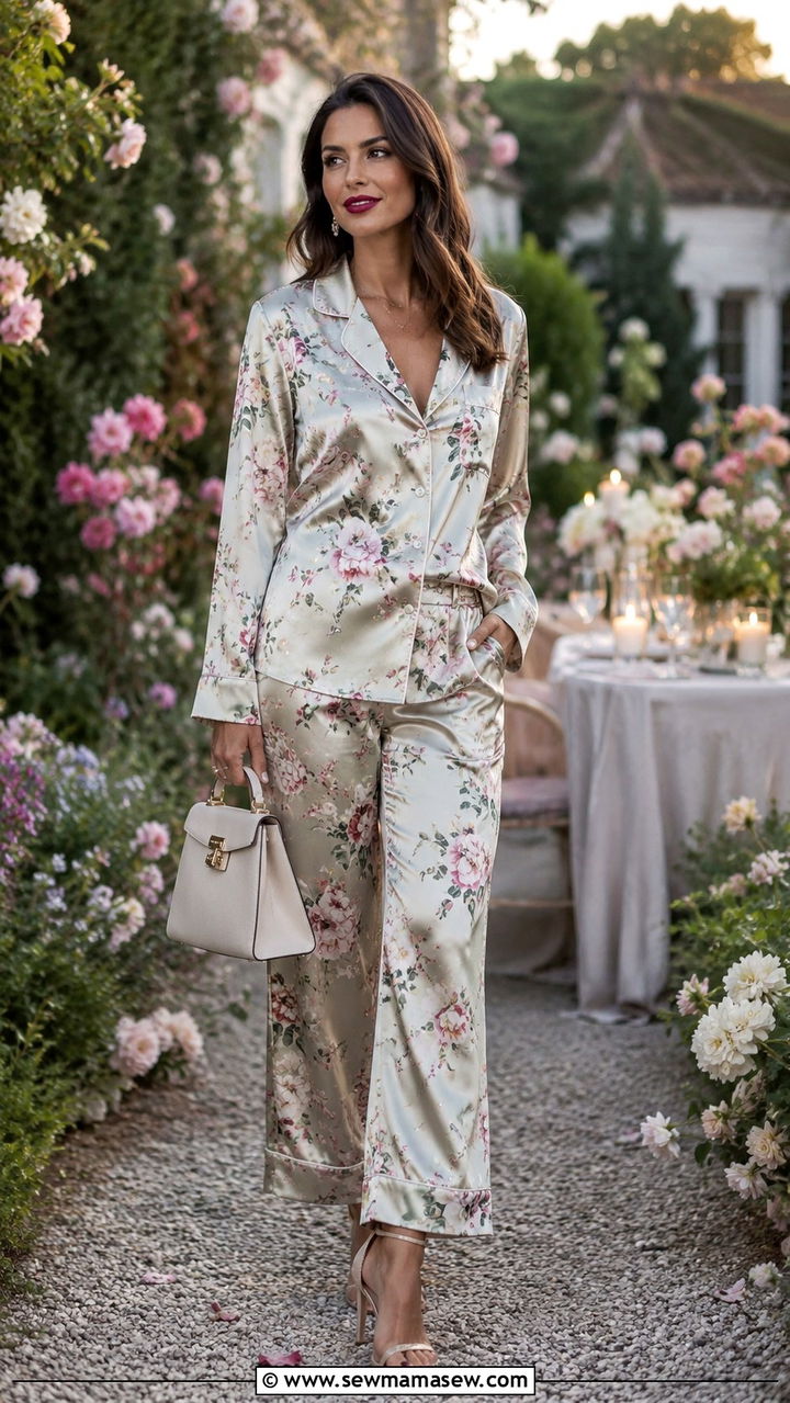 Long Sleeve Pajama Set With Heeled Sandals - 30 Spring pajama outfit ideas