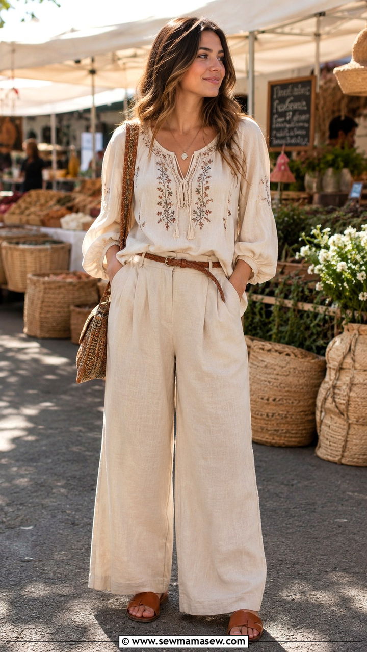Long Sleeve Peasant Blouse With Wide Leg Linen Pants - 30 Modest outfit ideas boho