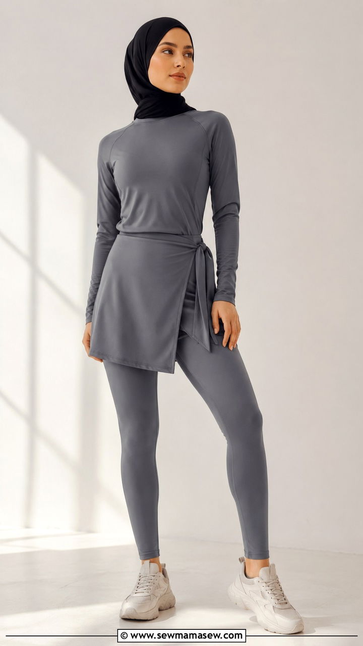 Long Sleeve Performance Top With High Waisted Leggings And Skirt Overlay - 25 Modest yoga outfit ideas with hijab