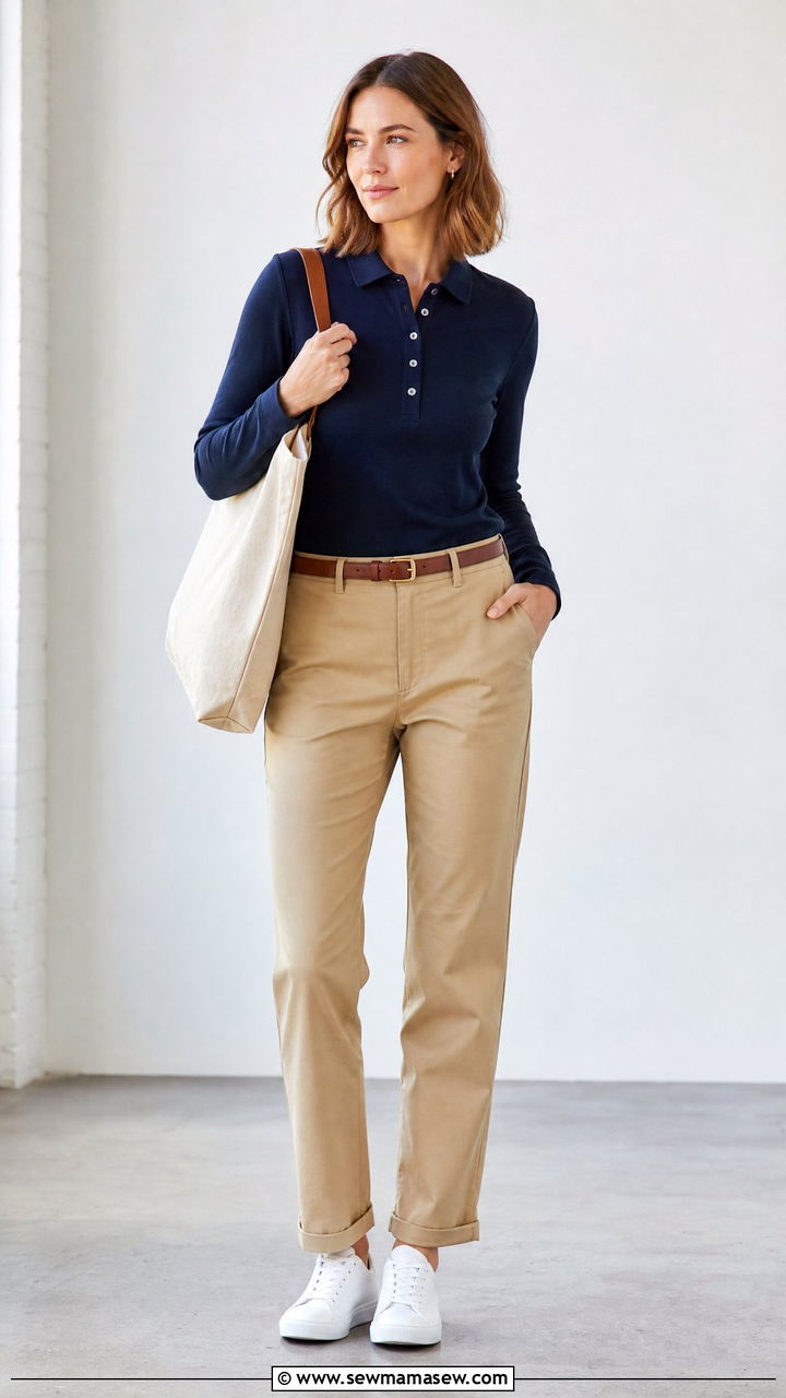 Long Sleeve Polo With Chinos and White Sneakers - 30 business casual outfits 2026