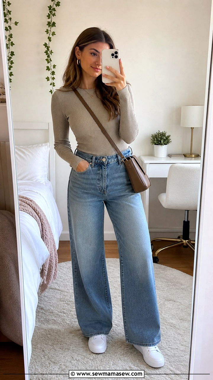 Long Sleeve Ribbed Top with Faded Wide Leg Jeans and Clean Sneakers - 20 August back to school outfit ideas