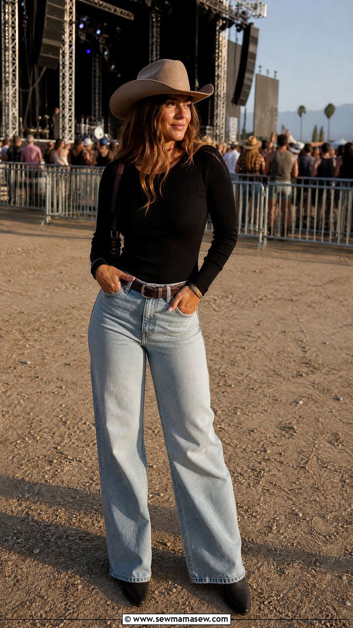 Long Sleeve Ribbed Top with Wide Leg Jeans - 30 modest country concert outfit ideas