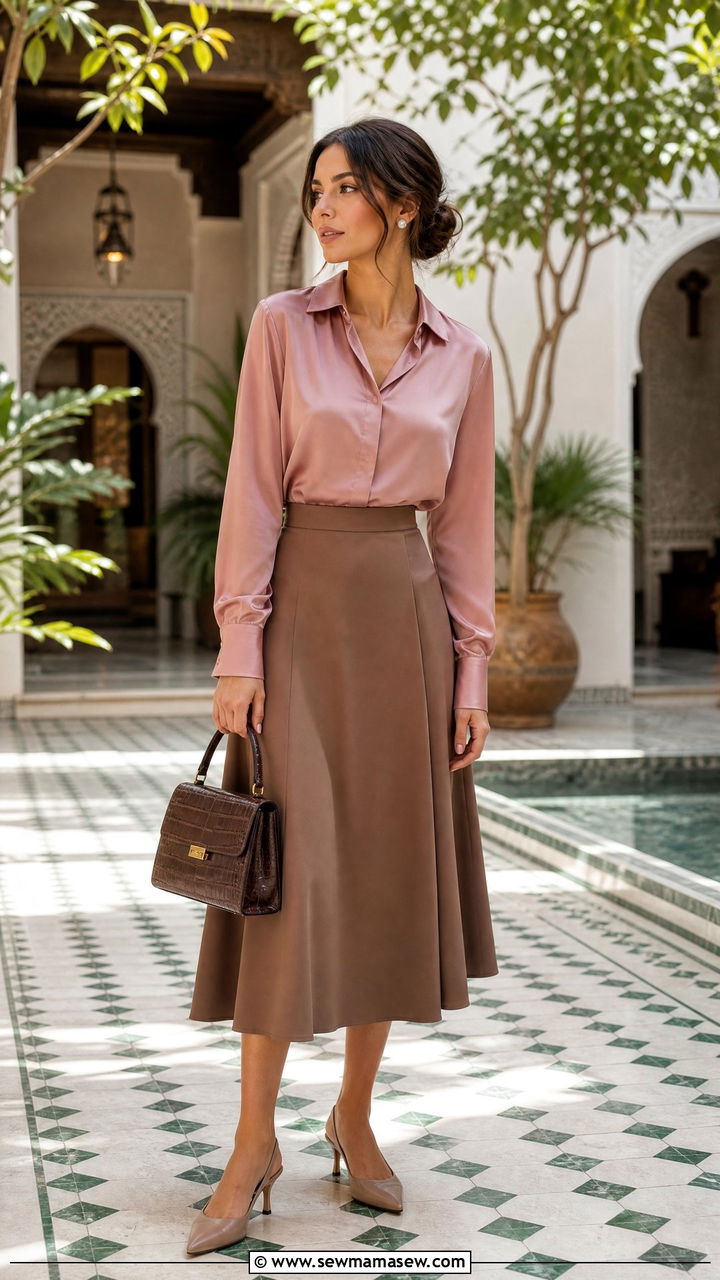 Long Sleeve Satin Blouse With A Line Midi Skirt - 25 Casablanca outfit ideas