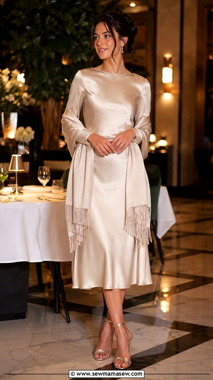 Long Sleeve Satin Midi Dress With Shawl And Strappy Heels - 30 modest girls night out outfit ideas
