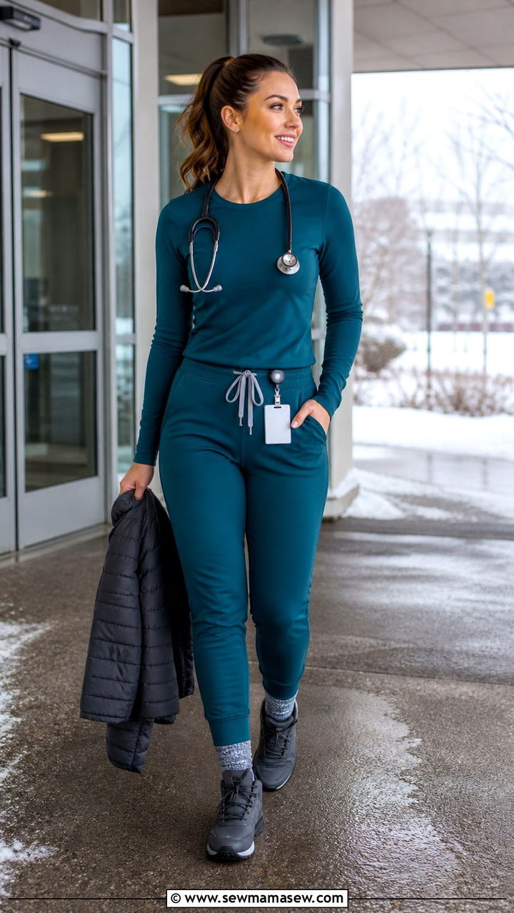 Long Sleeve Scrub Outfit for Winter - 40 Nurse outfit ideas