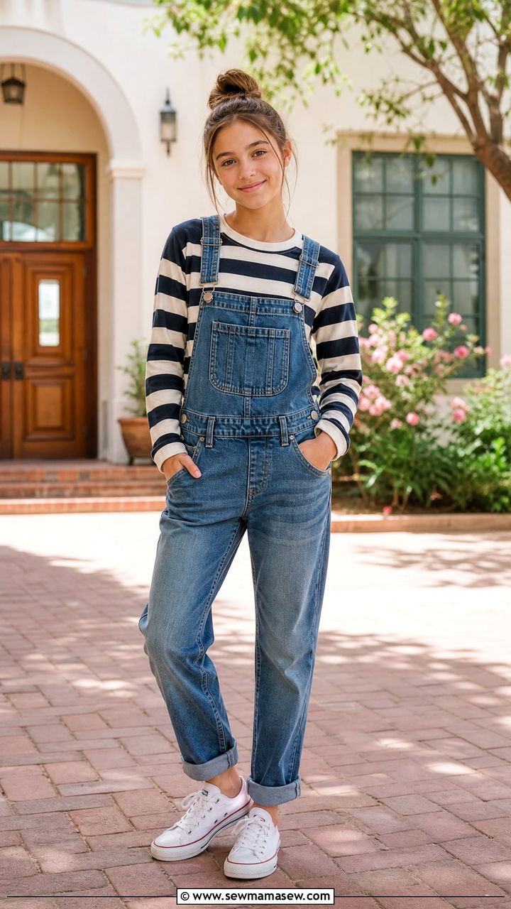 Long Sleeve Striped Top With Overalls And Canvas Sneakers - 35 Middle school outfit ideas