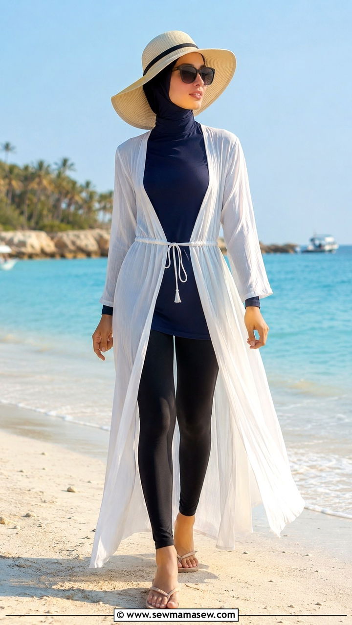 Long Sleeve Swim Shirt with Swim Leggings and Maxi Cover Up - 30 Modest outfit ideas 2026