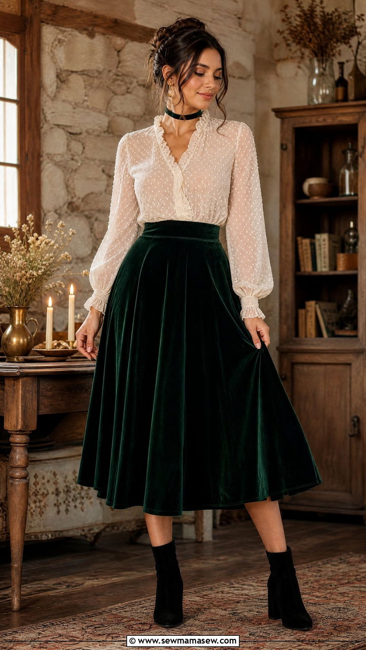 Long Sleeve Swiss Dot Blouse With A Velvet High Waist Skirt - 20 Cottagecore outfits for pear shape