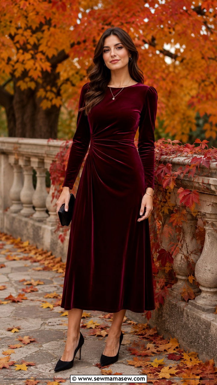 Long Sleeve Tea Length Dress With Classic Pumps - 20 Wedding guest outfit ideas tea length dress