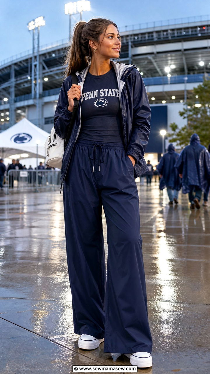 Long Sleeve Tee And Rain Jacket With Wide Leg Pants - 25 Gameday outfit ideas rainy weather