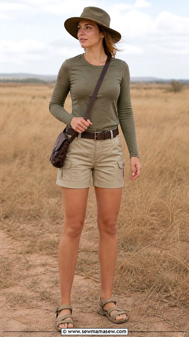 Long Sleeve Tee With Cargo Shorts Safari Outfit - 40 Safari outfit ideas