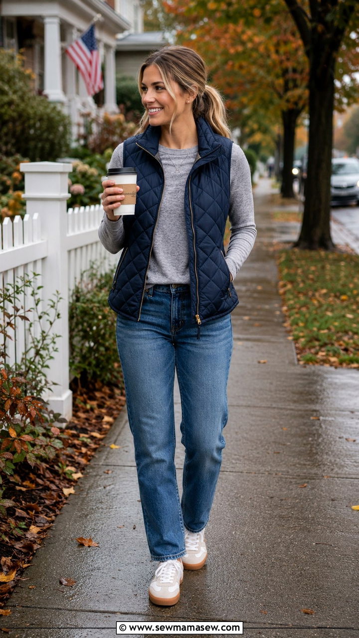 Long Sleeve Tee With Quilted Vest And Straight Jeans - 30 Rainy day casual outfit ideas