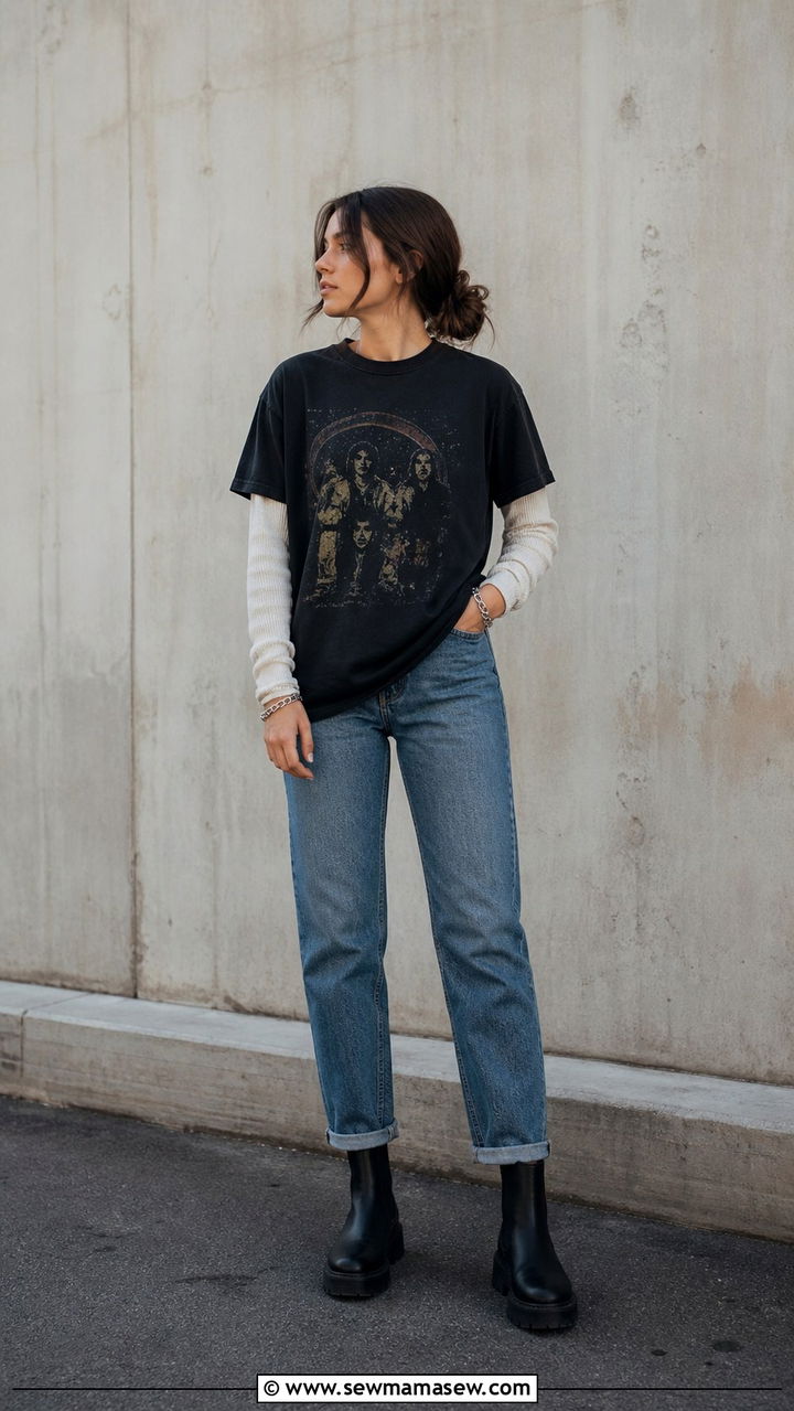 Long Sleeve Thermal Under Black Band Tee With Cuffed Straight Jeans - 40 grunge outfits