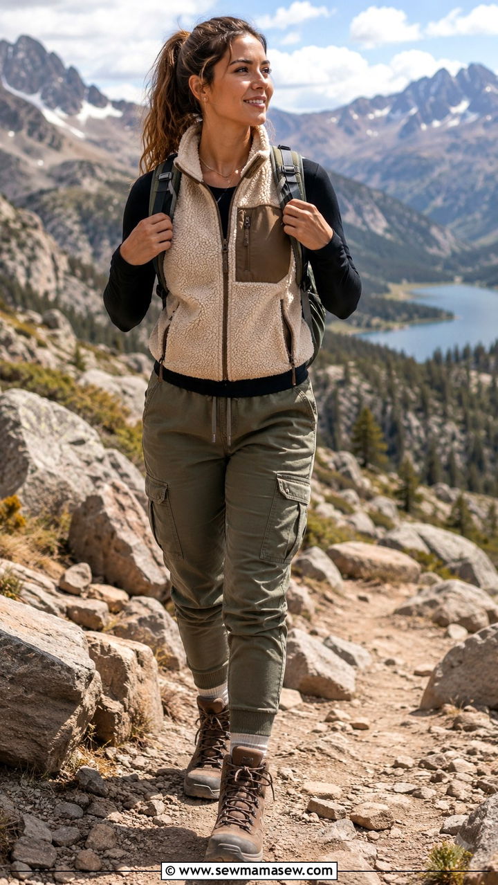 Long Sleeve Thermal and Cargo Joggers with Hiking Boots - 30 cute travel outfits