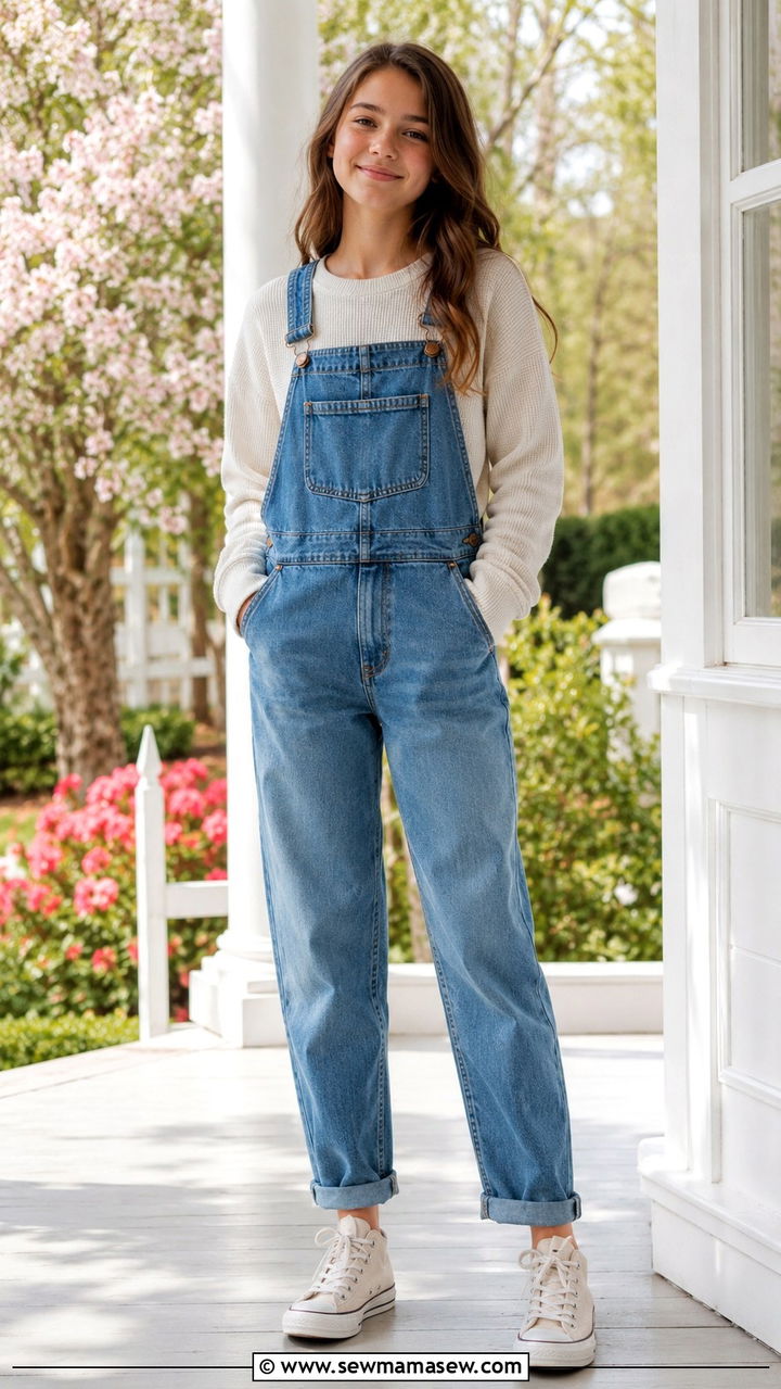 Long Sleeve Thermal with Denim Overalls - 30 Spring outfits for middle school