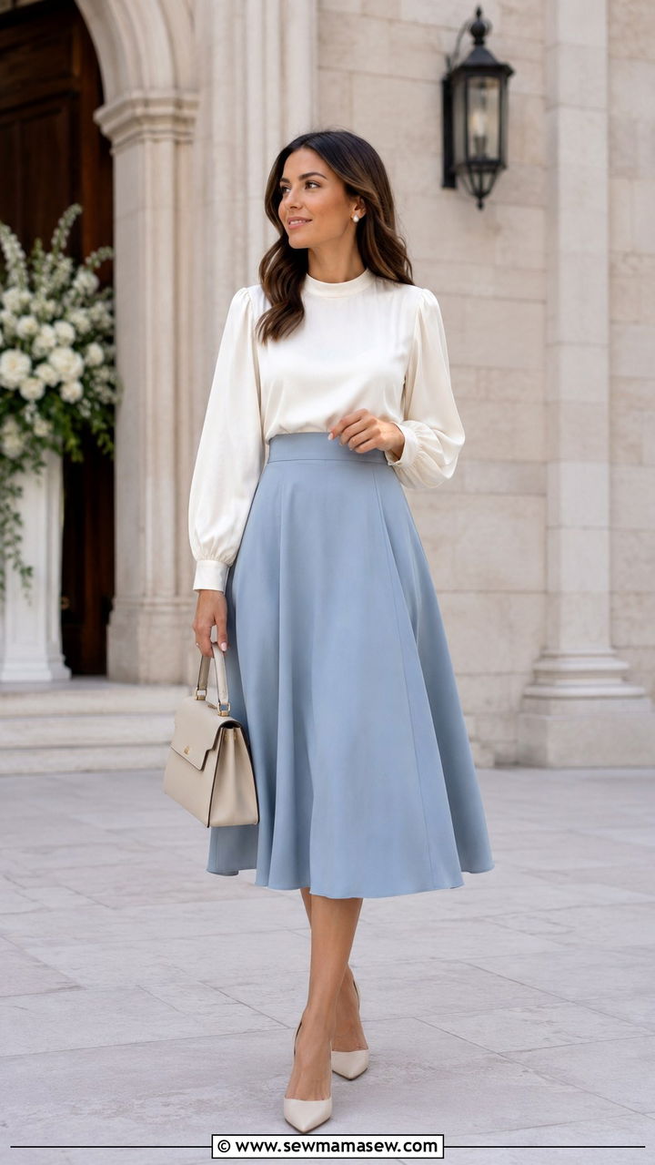 Long Sleeve Top And Midi Skirt Wedding Guest Outfit - 25 Wedding guest skirt outfit ideas