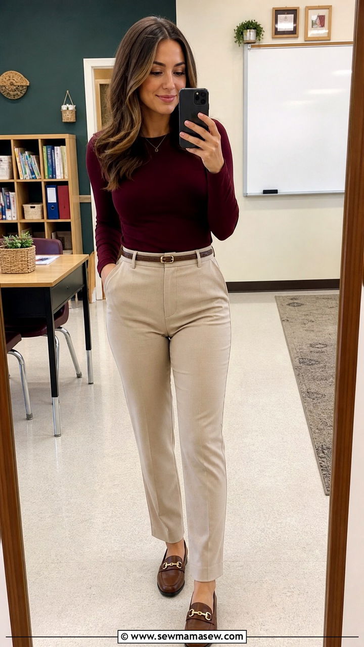 Long Sleeve Top With Beige Trousers - 40 teacher outfits ideas