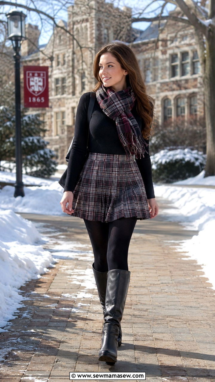 Long Sleeve Top and Pleated Skirt With Tights - 25 Boarding school outfit ideas teens