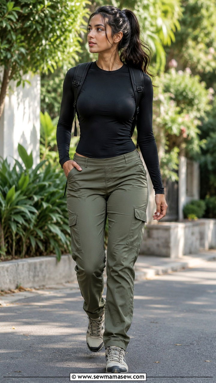 Long Sleeve Top with Cargo Pants - 30 Modest outfit ideas for gym