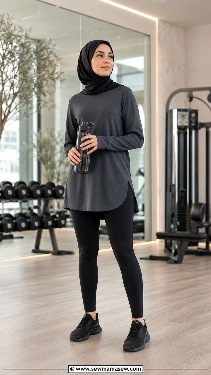 Long Sleeve Tunic Top with High Waisted Leggings - 25 Modest gym outfit ideas with hijab