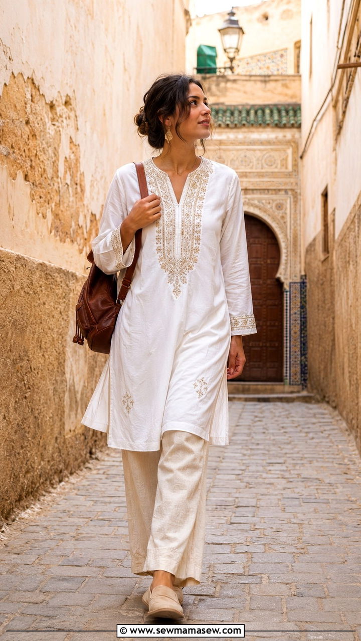 Long Sleeve Tunic and Straight Leg Pants - 20 Modest outfit ideas for Morocco