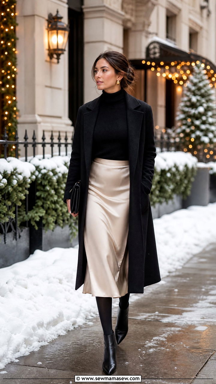 Long Sleeve Turtleneck With Satin Midi Skirt Winter Wedding - 25 How to style a midi skirt for a wedding