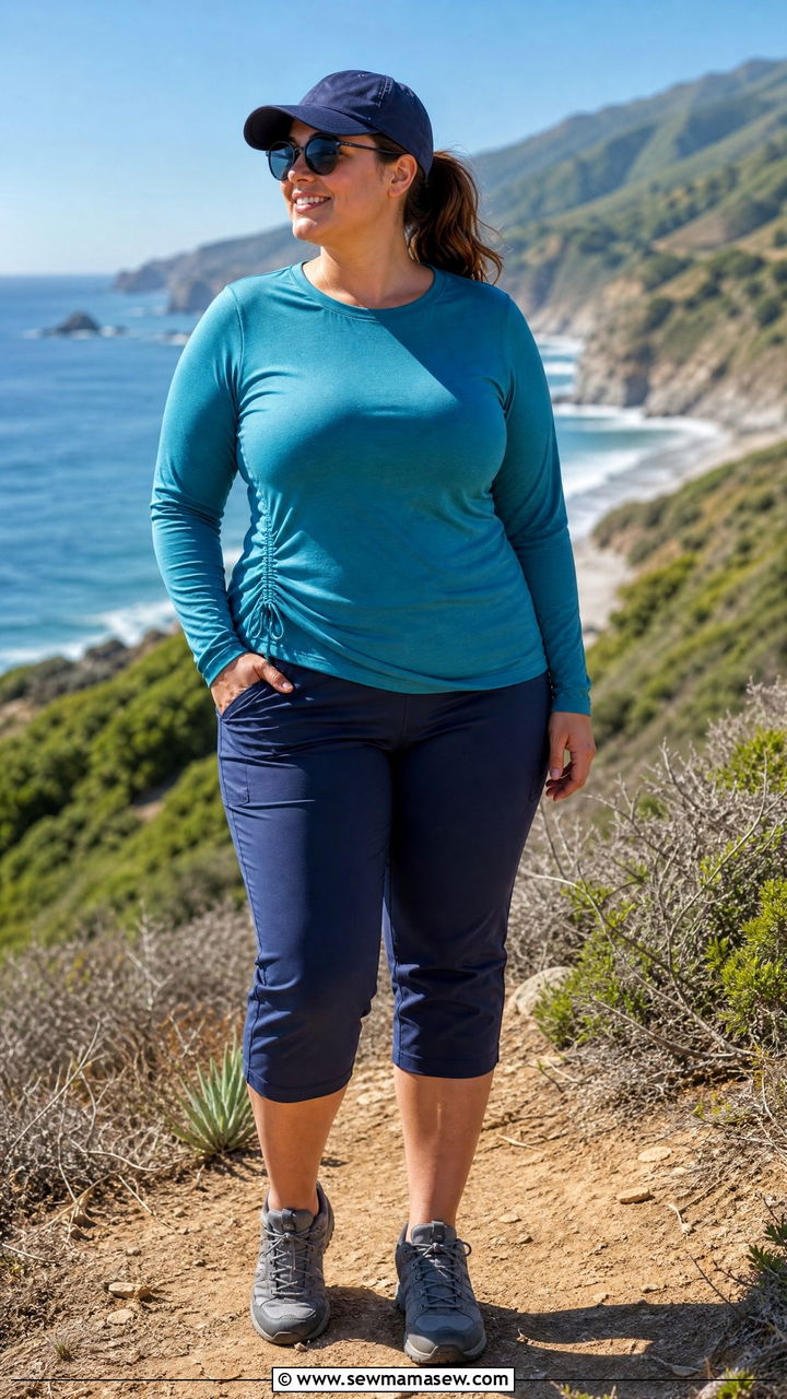 Long Sleeve UPF Shirt with Ruching and Hiking Capris - 25 Hiking outfit ideas plus size