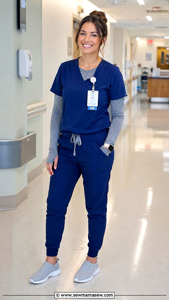 Long Sleeve Underscrub Layered Under Navy Scrub Top - 20 Nicu nurse outfit ideas