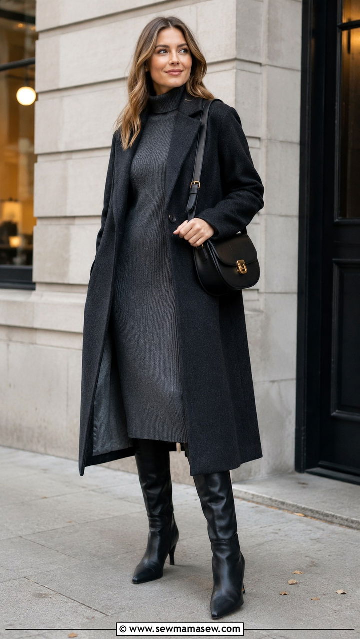 Long Sleeve Wrap Dress With Ankle Boots - 30 transitional modest outfit ideas