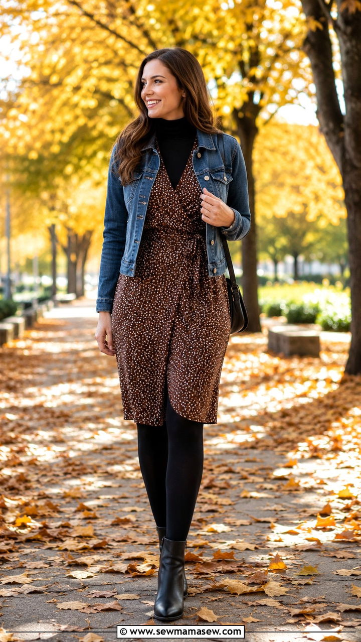 Long Sleeve Wrap Dress With Denim Jacket and Layer Turtleneck for Fall - 25 Wrap dress outfit ideas with a denim jacket