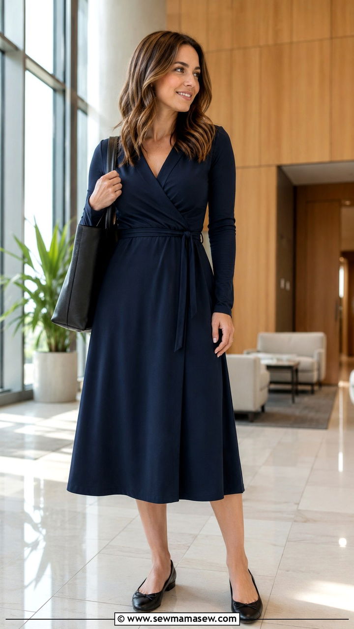 Long Sleeve Wrap Dress with Ballet Flats - 30 Modest outfit ideas for working mom