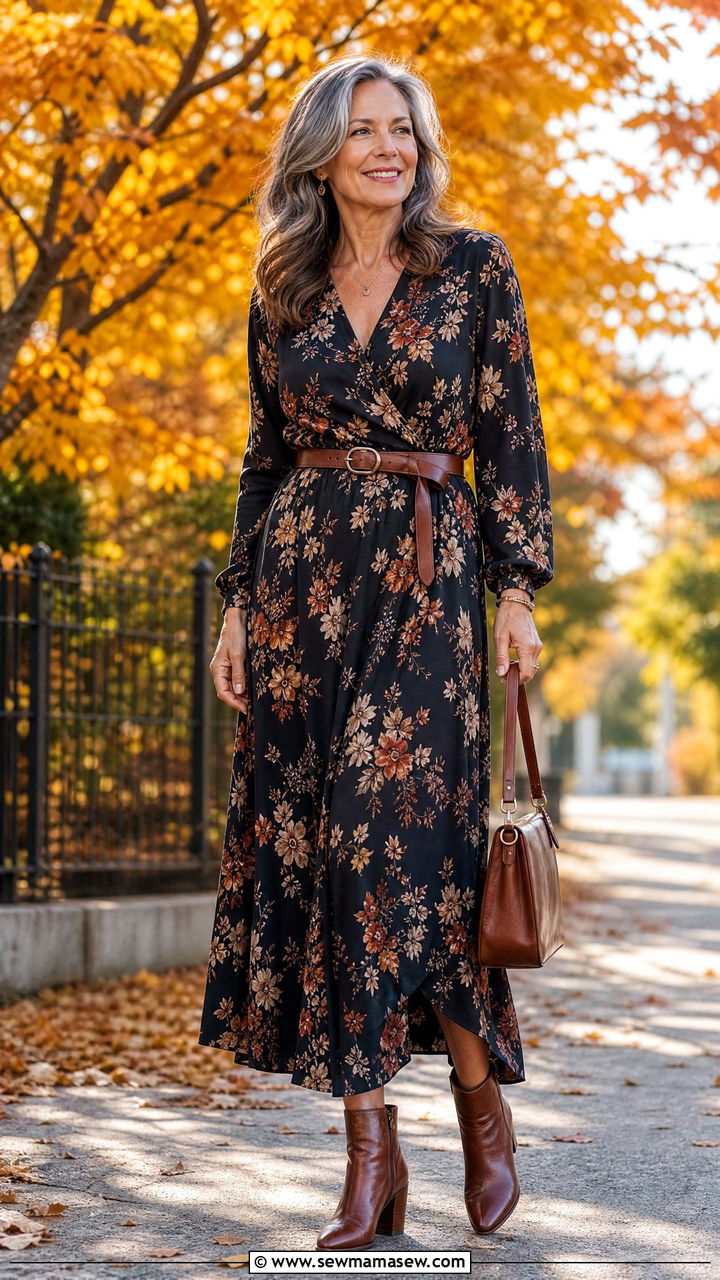 Long Sleeve Wrap Maxi Dress With Leather Belt - 30 Maxi dress for women over 40 outfit ideas
