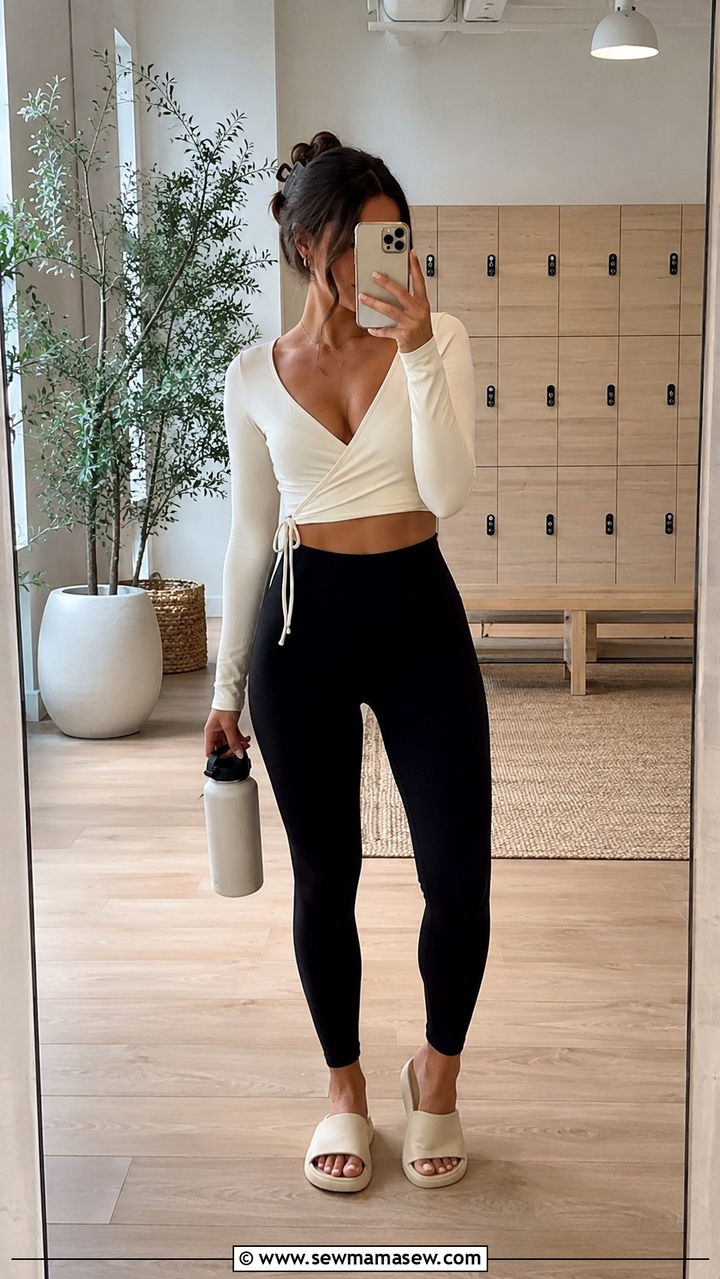 Long Sleeve Wrap Top And Leggings - 30 Pilates outfit ideas for summer