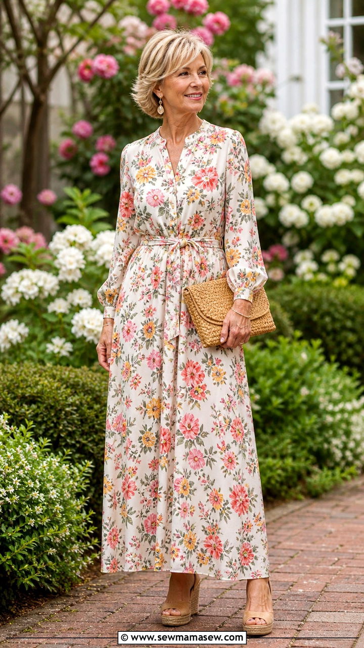 Long Sleeved Floral Maxi Dress With Waist Definition and Wedges - 40 Spring outfit ideas for women over 50 2026