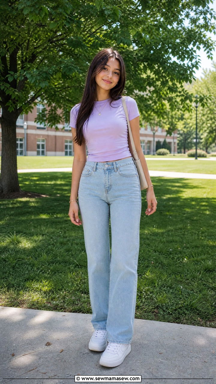 Long Straight Jeans and Fitted Top for School - 30 Summer outfits for school