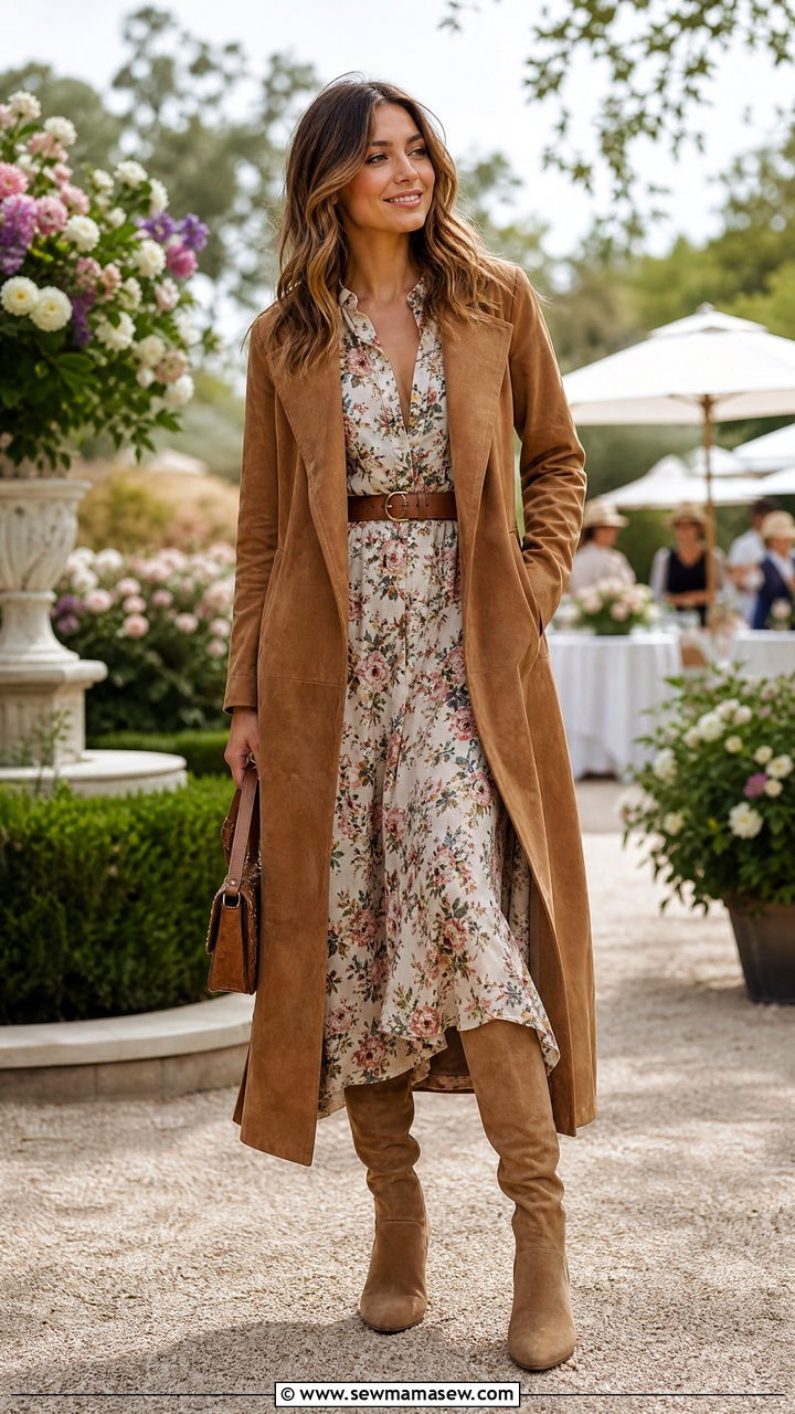 Long Suede Coat Outfit With Floral Midi Dress - 30 Suede jacket outfit ideas