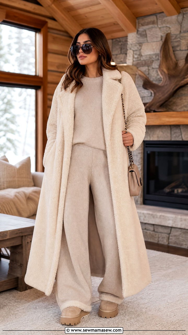 Long Teddy Coat with Knit Lounge Set and Shearling Boots - 35 Long coat outfit ideas