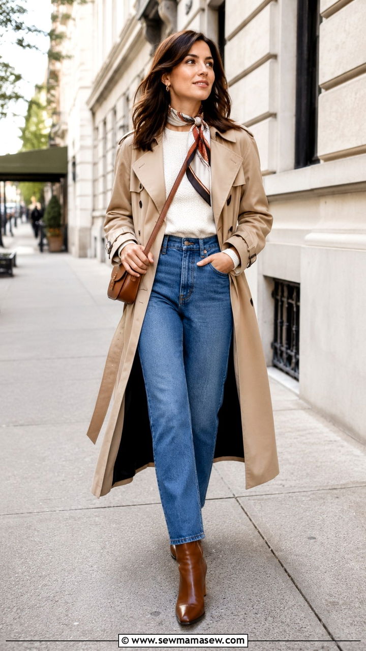 Long Torso Outfit with Belted Trench Coat and High Waisted Straight Jeans - 25 outfit ideas for long torso women
