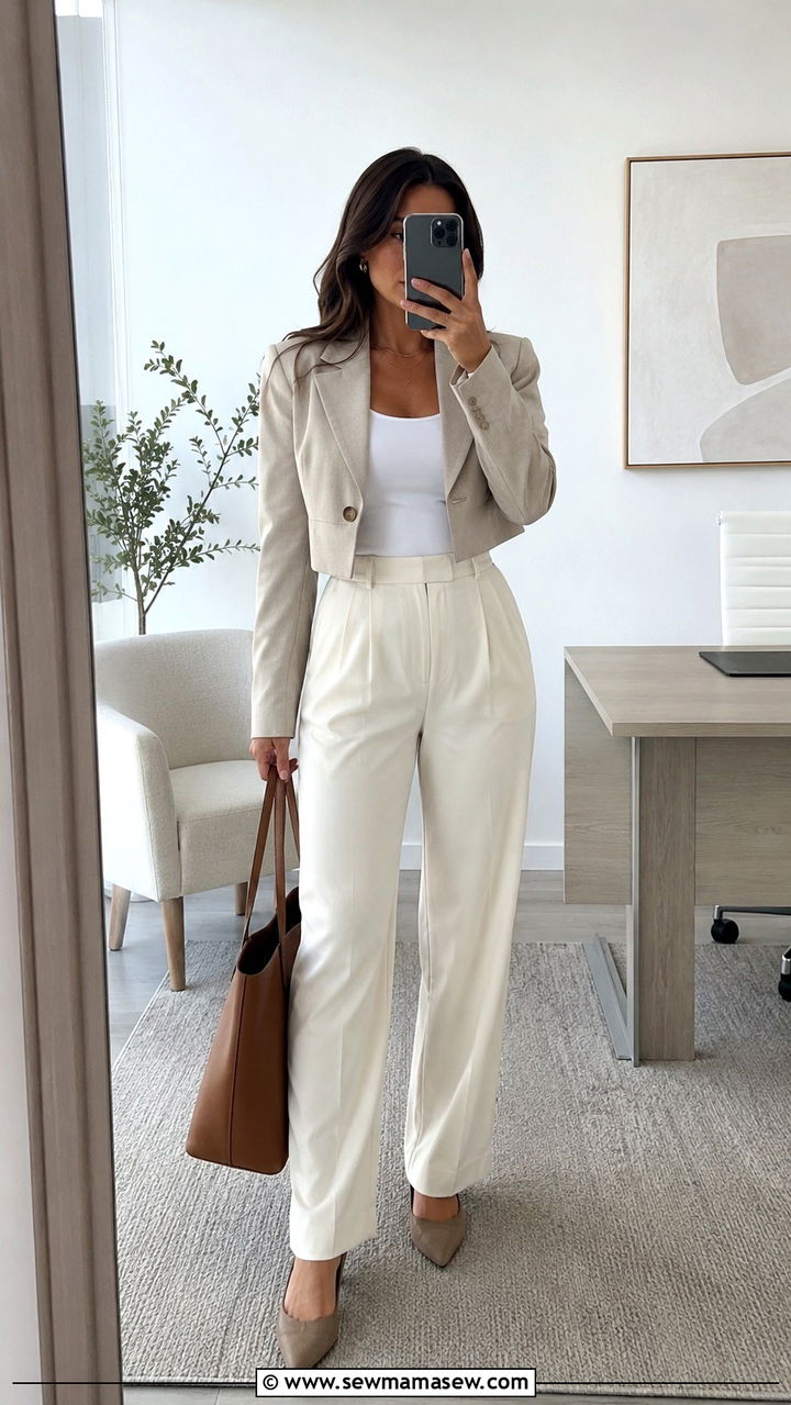 Long Torso Outfit with Cropped Blazer and High Waisted Tailored Trousers - 25 outfit ideas for long torso women