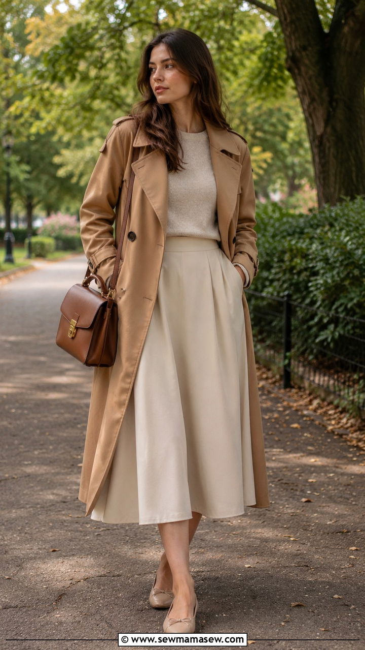 Long Trench Coat Outfit With A Line Skirt - 30 Long trench coat outfit ideas with a skirt