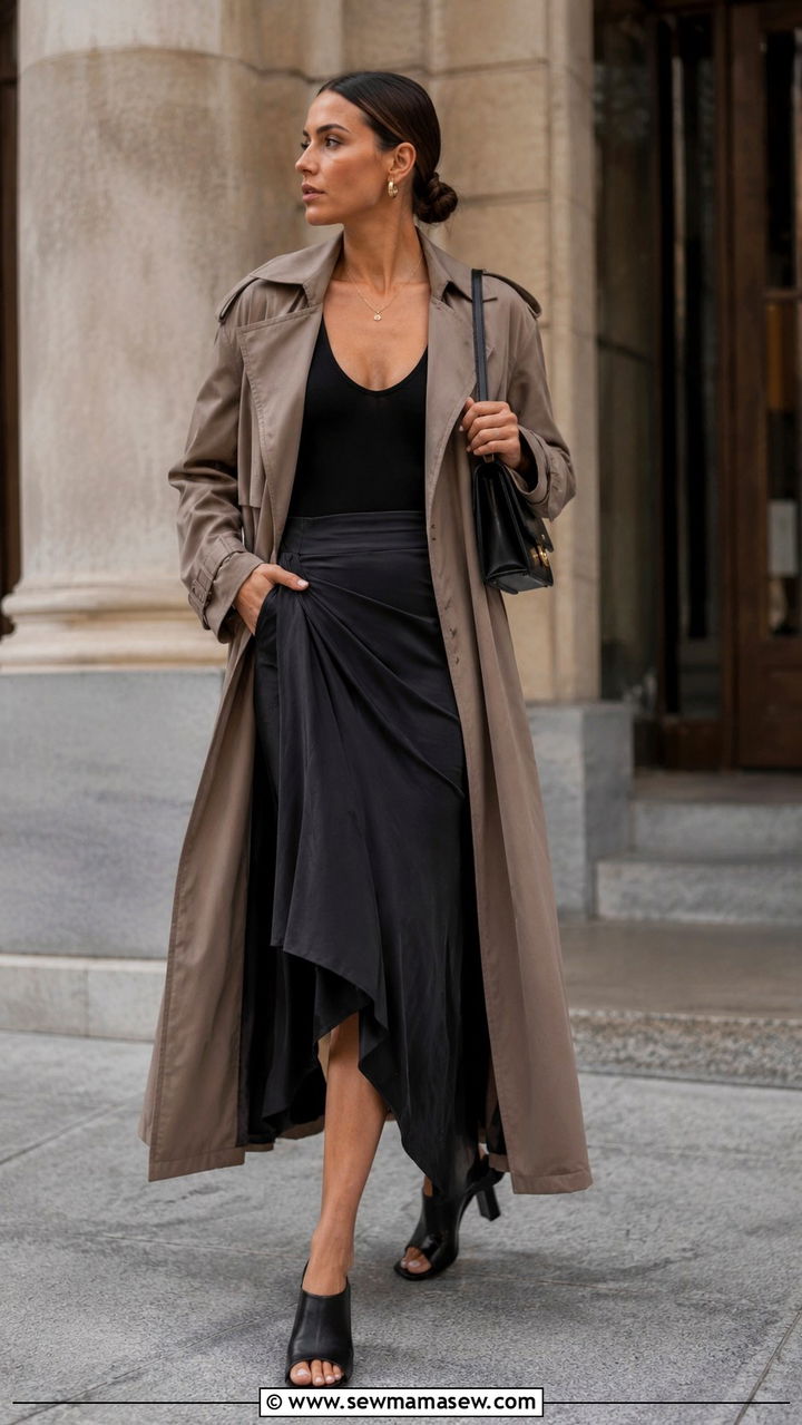Long Trench Coat Outfit With Asymmetrical Midi Skirt - 30 Long trench coat outfit ideas with a skirt