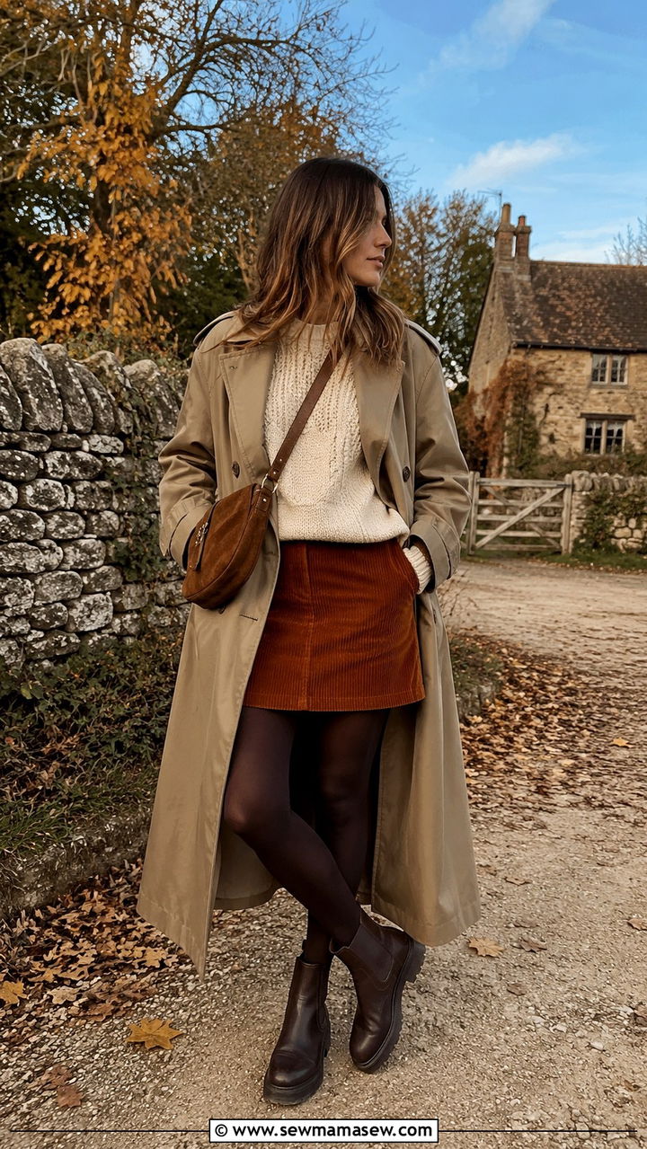 Long Trench Coat Outfit With Corduroy Mini Skirt - 30 Long trench coat outfit ideas with a skirt