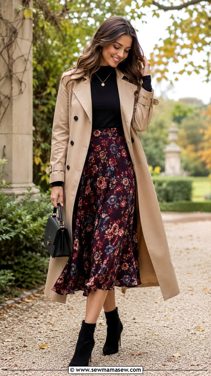 Long Trench Coat Outfit With Floral Midi Skirt - 30 Long trench coat outfit ideas with a skirt